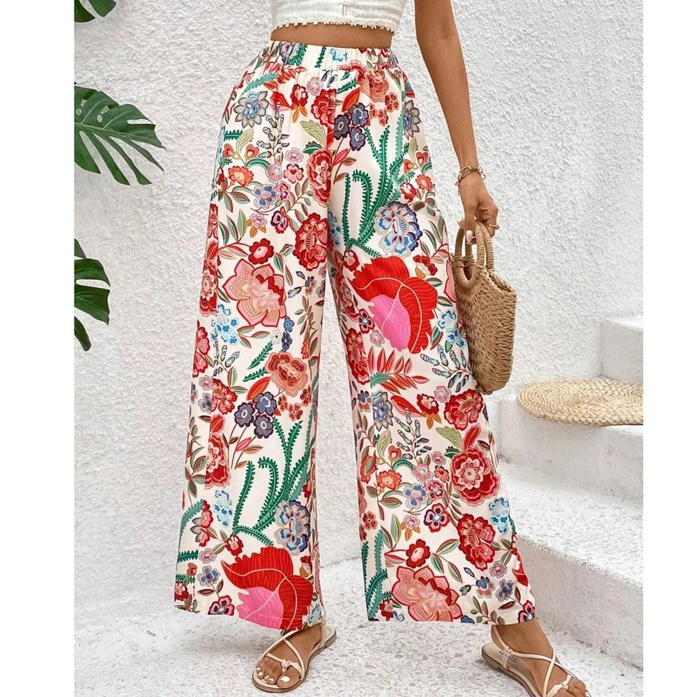 075 Boho Floral Print stretchy Waist Wide Leg Pants - Picture 2 of 4